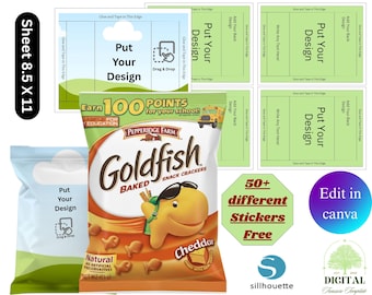 Plantilla para galletas Goldfish, plantilla para envoltorio de patatas fritas, envoltorio Goldfish, plantilla para bolsa de patatas fritas, plantilla para snacks DIY, SVG para bolsa de patatas fritas, envoltorio editable en Canva
