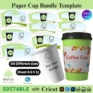 Puede incluir: Una plantilla de paquete de vasos de papel con varios tamaños de vasos, incluyendo 4, 8, 9, 12, 16 y 22. El diseño presenta una taza de café verde con tapa negra y una taza blanca con el texto "Put Your Design". La plantilla es editable con Cricut, Ai y otros programas.