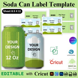 Pode incluir: Uma lata de refrigerante verde e uma lata de refrigerante azul claro com as palavras "YOUR DESIGN" impressas nelas. A lata verde diz "12 Oz". A imagem também mostra um modelo para rótulos de latas de refrigerante, com o texto "Soda Can Label Template".