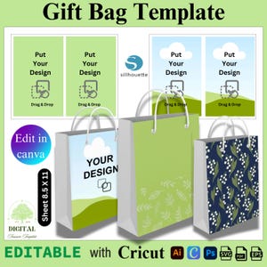 Könnte beinhalten: Geschenktütenvorlage mit drei Tüten. Eine Tüte hat ein blaues Himmelsdesign, eine andere ist grün mit Blättern, und die dritte hat ein marineblaues Blumenmuster. Die Tüten haben weiße Griffe und den Text "Your Design".