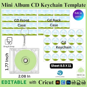 Könnte beinhalten: Eine digitale Vorlage für einen Mini-Album-CD-Schlüsselanhänger mit einer transparenten Kunststoffhülle, einer hellgrünen Disc, einem Metallring und Layout-Bögen. Der Text umfasst Mini Album CD Keychain Template, 1.77 Inch, 2.08 In.