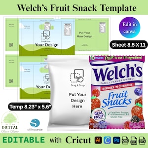 Peut inclure: Un modèle pour les Fruit Snacks Welch's, avec une pochette blanche et des zones de conception. L'image comprend le texte "Welch's Fruit Snack Template", "Edit in Canva" et "Sheet 8.5 X 11". Les dimensions du modèle sont de 20.91 cm x 14.22 cm.