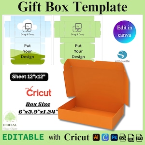 May include: An open orange gift box template with the text "Gift Box Template". The box size is 15.2cm x 9.9cm x 3.1cm. The image also includes a Cricut logo and the words "Drag & Drop" and "Put Your Design".