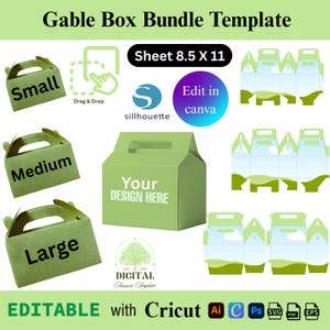 May include: A template for gable boxes in small, medium, and large sizes. The image includes a green gable box with the text "Your Design Here." The design is editable with Cricut, and other software. The sheet size is 8.5 x 11 inches.