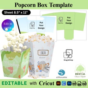 Mall för popcornlåda, popcornlåda svg, mellanmålslåda svg, festpresentask, mellanmålslåda mall, popcorn svg, redigerbar Canva låda, gör-det-själv popcornlåda