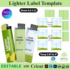 May include: A mockup image of three lighters with labels, and a template sheet. The lighters are green, light green, and clear. The labels read "Your Design" and have dimensions of 2.8" x 1.4". The template sheet is for 8.5" x 11" sheets.
