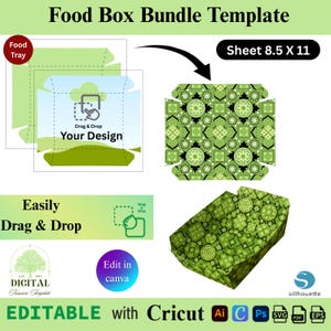 Puede incluir: Una plantilla de paquete de caja de alimentos con un dise&ntilde;o verde y blanco. La plantilla incluye un contorno de bandeja de alimentos, una hoja etiquetada "8.5 X 11" y una caja completa. El texto incluye "Drag & Drop Your Design" y "Easily Drag & Drop".