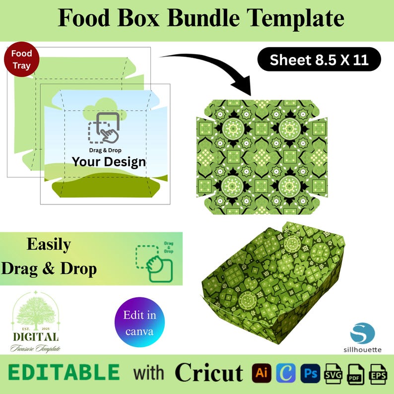 Puede incluir: Una plantilla de paquete de caja de alimentos con un dise&ntilde;o verde y blanco. La plantilla incluye un contorno de bandeja de alimentos, una hoja etiquetada "8.5 X 11" y una caja completa. El texto incluye "Drag & Drop Your Design" y "Easily Drag & Drop".