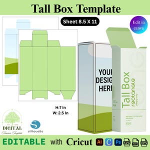 May include: A tall box template with a light green design. The box is 7 inches high and 2.5 inches wide. The image includes the text "Tall Box Template", "Sheet 8.5 X 11", and "Edit in canva". The template is editable with Cricut.