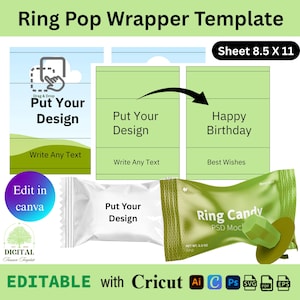 Peut inclure: Un modèle de conception d'emballage Ring Pop, avec des sections modifiables pour des designs et du texte personnalisés. La conception comprend une maquette d'emballage de bonbons Ring Pop, avec le texte "Ring Candy" et "NET WT. 14g". Le modèle est de 21,6 x 27,9 cm.