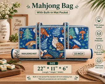 May include: A blue quilted mahjong bag featuring a forest-themed print with foxes, owls, mushrooms, and ferns. The bag includes a built-in mat pocket, striped handles, and dimensions of 22 inches by 11 inches by 6 inches, designed to hold a 33-inch mat.