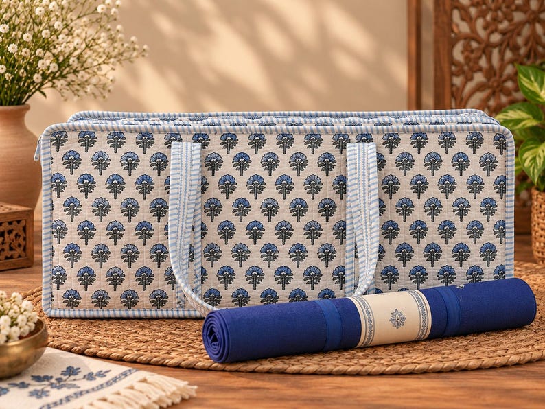 May include: A rectangular quilted storage bag featuring a blue and white floral block print pattern with light blue striped trim and handles, accompanied by a rolled solid dark blue yoga mat with a central cream-colored band.