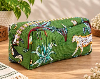 Quilted Cotton Block Print Makeup Bag, Travel Hair Tool Case, Dyson Organizer pouch
