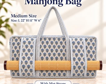May include: A rectangular fabric Mahjong bag featuring a blue floral print on a cream background with light blue and white gingham trim. The bag includes two top handles and two front straps holding a bamboo mat. Text reads: Handmade Mahjong Bag, Medium Size, Size: L 22" H 11" W 6", With Mat Straps.
