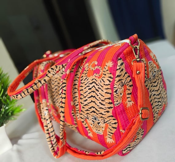 Handmade Tiger Print Duffle Bag: Quilted Cotton Weekender/Yoga/Gym
