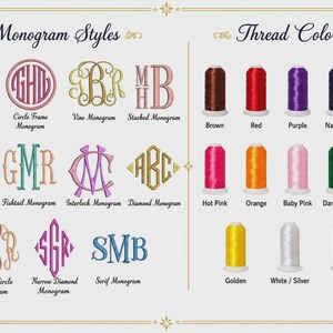 May include: A chart displaying eleven monogram styles including heart, circle, vine, stacked, formal, fishtail, interlock, diamond, cursive circle, narrow diamond, and serif. It also shows fifteen spools of thread in various colors.