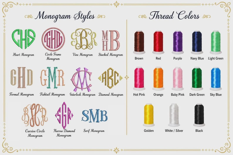 May include: A chart displaying eleven monogram styles including heart, circle, vine, stacked, formal, fishtail, interlock, diamond, cursive circle, narrow diamond, and serif. It also shows fifteen spools of thread in various colors.