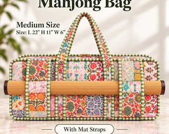 May include: A rectangular handmade Mahjong bag featuring a colorful floral patchwork pattern with green and white striped trim. The bag includes integrated straps holding a rolled mat and measures L 22 inches, H 11 inches, W 6 inches.