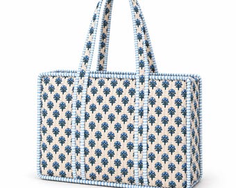 May include: A rectangular quilted tote bag featuring a cream-colored base with a repeating blue floral pattern. The bag is accented with light blue and white striped trim along the edges and includes two matching striped shoulder straps.
