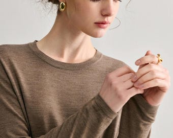 Merino Wool Crew Neck  Top, Biella Yarn Wool Baselayer, 100% Worsted Merino Knit, Soft Loose Fit Layering Top for Women