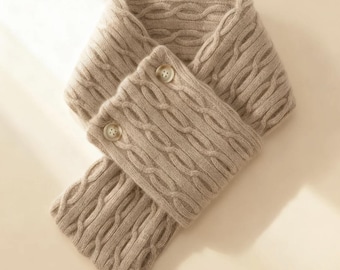 Super Soft 100% Cashmere Neck Warmer, Button Scarf Cross Wrap, Cable Knit Mini Winter Scarf