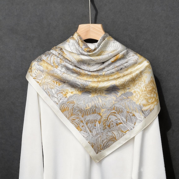 Original Design Seidenschal 88×88cm, Hand Paint Pattern Luxus Tropisch Gelb Bandana, Maulbeerseide Quadrat Tuch