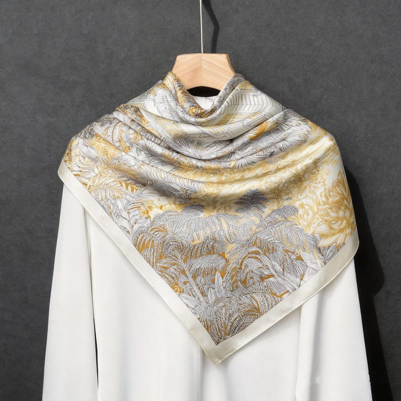 Puede incluir: Un pa&ntilde;uelo cuadrado de seda con un dise&ntilde;o bot&aacute;nico en oro, gris y blanco. El pa&ntilde;uelo est&aacute; drapeado sobre una prenda blanca, mostrando su intrincado patr&oacute;n y paleta de colores. El pa&ntilde;uelo est&aacute; colgado de una percha de madera.