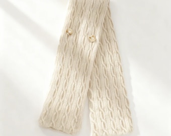 Super Soft 100% Cashmere Neck Warmer, Button Scarf Cross Wrap, Cable Knit Mini Winter Scarf