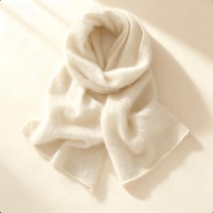 Peut inclure: Une &eacute;charpe cr&egrave;me moelleuse est drap&eacute;e sur un fond clair. L'&eacute;charpe est faite d'une mati&egrave;re douce, peut-&ecirc;tre de la laine ou du cachemire, avec une texture d&eacute;licate. L'&eacute;charpe est pli&eacute;e et drap&eacute;e pour montrer sa longueur et sa texture.