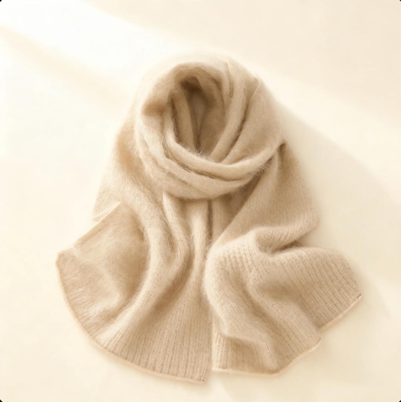 Peut inclure: Une &eacute;charpe beige douce et duveteuse est drap&eacute;e et pli&eacute;e. L'&eacute;charpe semble &ecirc;tre faite d'une mati&egrave;re d&eacute;licate et l&eacute;g&egrave;re, parfaite pour ajouter de la chaleur et du style. La couleur neutre la rend polyvalente.