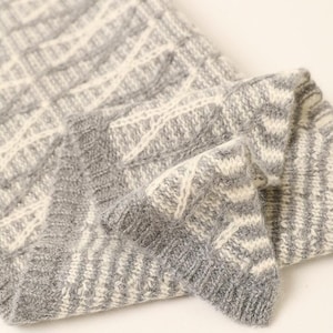 May include: Close-up of a folded gray and white knitted fabric. The knitwear features a repeating geometric pattern in a light gray and off-white color scheme. The texture of the fabric is visible, suggesting a soft and warm material.
