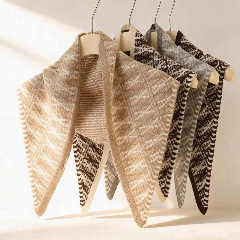 May include: A collection of triangular knit scarves in various neutral colors, including beige, gray, and brown, hanging on wooden hangers. Each scarf features a geometric pattern and a contrasting border.