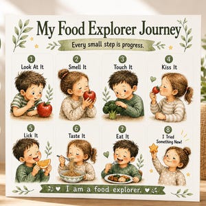 May include: A square educational chart titled My Food Explorer Journey with the subtitle Every small step is progress. It features eight numbered illustrations of children interacting with food, labeled Look At It, Smell It, Touch It, Kiss It, Lick It, Taste It, Eat It, and I Tried Something New.