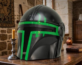 Mandalorian Helmet Black Green Metal Cosplay Star Wars Wearable Replica Halloween Costume Sci-Fi Gift for Him