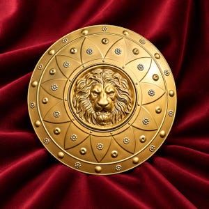 Peut inclure: Un bouclier circulaire doré orné d'un relief central représentant une tête de lion. La bordure extérieure présente un motif répétitif composé de formes en pétales, de petits clous circulaires et de minuscules accents floraux symétriques.
