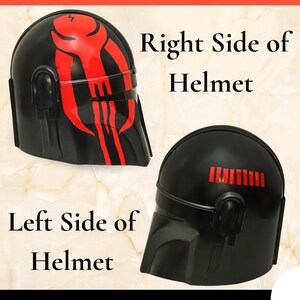 May include: Two black helmets are displayed. The top helmet features a red graphic design on the side, labeled Right Side of Helmet. The bottom helmet shows a series of red vertical bars on the side, labeled Left Side of Helmet.