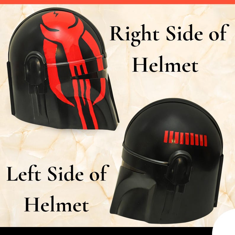 May include: Two black helmets are displayed. The top helmet features a red graphic design on the side, labeled Right Side of Helmet. The bottom helmet shows a series of red vertical bars on the side, labeled Left Side of Helmet.
