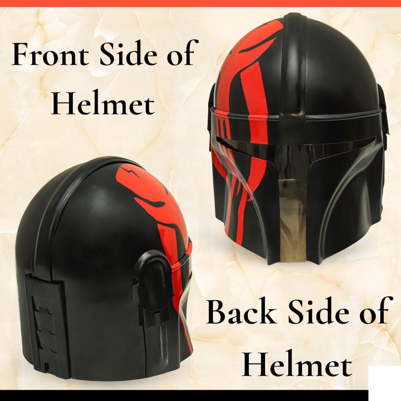 May include: A black helmet featuring a red graphic design on the side. The image displays two views of the helmet, labeled with the text Front Side of Helmet and Back Side of Helmet, showcasing the smooth finish and the visor area on the front view.