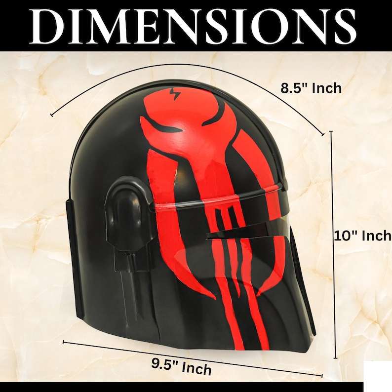 May include: A black helmet featuring a red graphic design on the side. The helmet has a visor opening and measures 8.5 inches in width, 10 inches in height, and 9.5 inches in depth. The text DIMENSIONS is displayed at the top of the image.