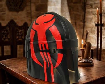 MANDALORIAN HELMET Red Black Skull Face Metal Helmet | Warrior Cosplay Helmet Halloween Costume Gift for Him