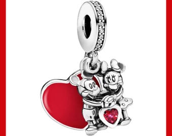Mickey & Minnie Mouse Love Heart Dangle Charm,Charm for Bracelet,Necklace Pendant,Pandora Charm