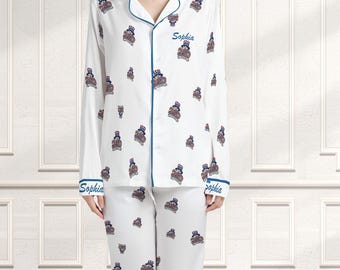 Personalized Sophia Name Satin Pajamas, Custom Patriotic Print PJ Set, Bridal Party Sleepwear, Red White & Blue Loungewear, Birthday Gift