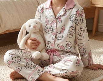 Girls Satin Bunny Pajamas Set, Kids Silk Rabbit Pjs, Pink Easter Sleepwear, Toddler Birthday Gift, Cute Animal Loungewear, Button Up Set
