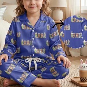 Easter Bunny Coffee Pajamas Set, Cute Spring Silk Pjs for Toddlers & Kids, Bunny Ear Latte Lounge Wear, Pastel Easter Basket Gift for Her image 1