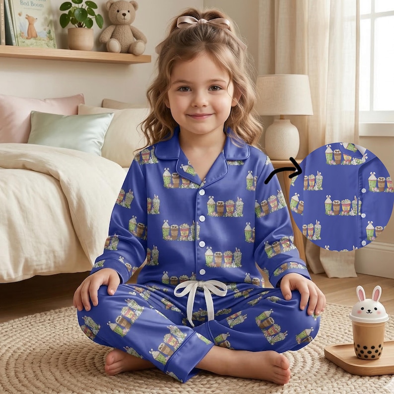 Easter Bunny Coffee Pajamas Set, Cute Spring Silk Pjs for Toddlers & Kids, Bunny Ear Latte Lounge Wear, Pastel Easter Basket Gift for Her image 1