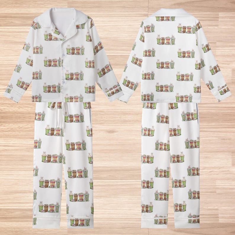 Easter Bunny Coffee Pajamas Set, Cute Spring Silk Pjs for Toddlers & Kids, Bunny Ear Latte Lounge Wear, Pastel Easter Basket Gift for Her image 7