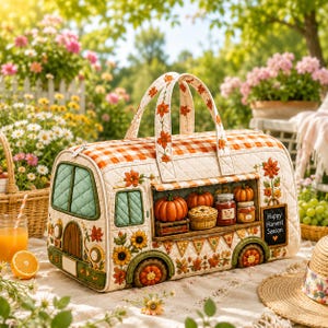 Op de afbeelding: Een gewatteerde reistas in de vorm van een foodtruck met oranje ruitpatronen, voorzien van geborduurde zonnebloemen, pompoenen en potjes. De zijkant toont een bordje met Happy Harvest Season en een raampje met miniatuurproducten.