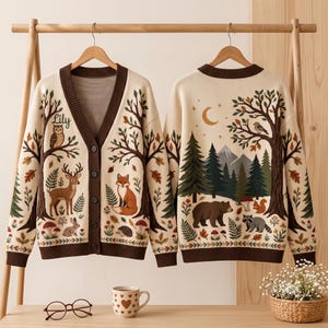 May include: Two cream-colored knit cardigans with dark brown trim. The left cardigan features a V-neck, buttons, and woodland motifs including an owl, deer, fox, rabbit, and the name Lily. The right cardigan displays a forest scene with a bear, raccoon, squirrel, and moon.