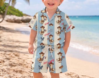 USA Semiquincentennial Toddler Hawaiian Set | Patriotic Duck 250th Anniversary Boy Beach Outfit | Red White Blue Kids Summer Button Down