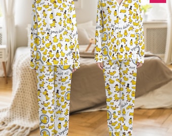 Funny Duck Satin Pajama Set, Get Your Ducks In A Row PJs, Cute Rubber Duckie Loungewear, Silky Long Sleeve Sleepwear, Gift for Her, 2 Piece